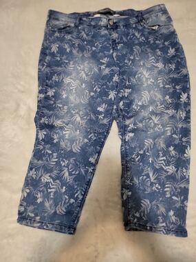 Reitmans Blue Tropical Floral Print Denim Capri Jeans - Size 18